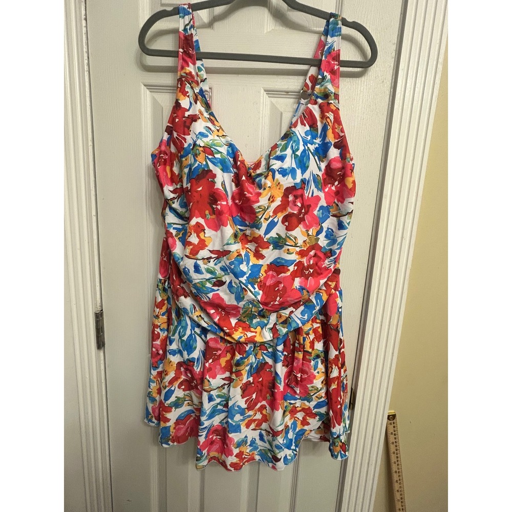 Eomenie Womens Plus Sz 22W Floral Swim Dress One Piece Swimsuit Adjustable Red